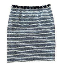 MaxMara Weekend Tweed Skirt Navy Blue Stripes Fringe Waist 8 US Office Preppy